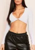 Luna Grey Slinky Twist Front Long Sleeve Crop Top sold by Missy Empire