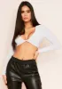 Luna Grey Slinky Twist Front Long Sleeve Crop Top sold by Missy Empire