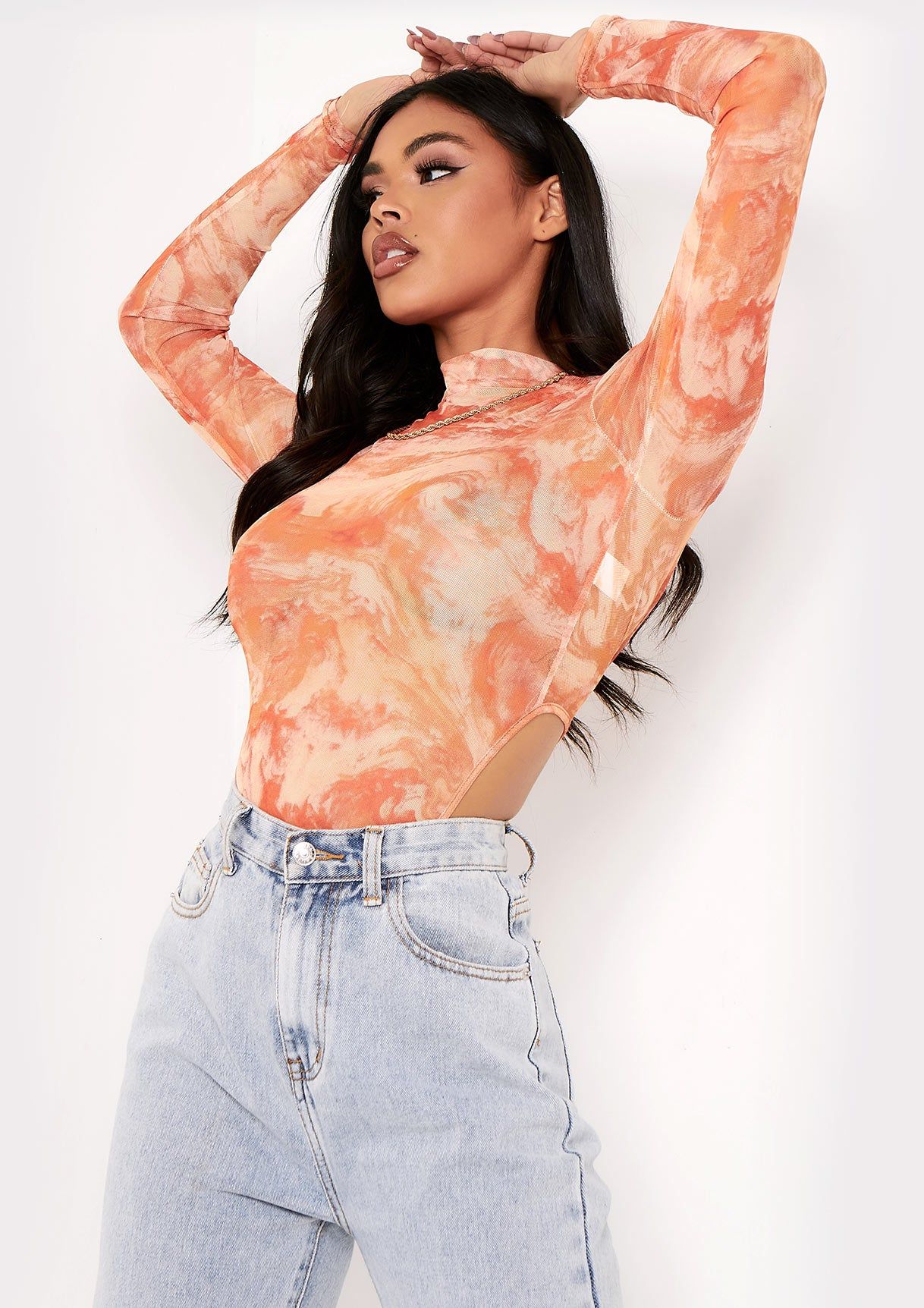 Lekka Orange Marble Print High Neck Long Sleeve Bodysuit sold by Missy Empire product image thumbnail 2