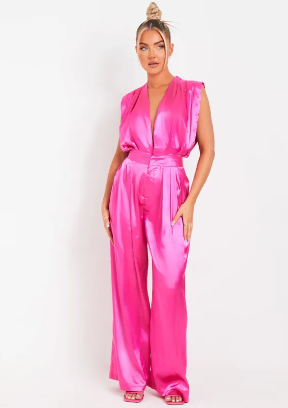 Annabella Pink Satin Pleat Jumpsuit made by Missy Empire