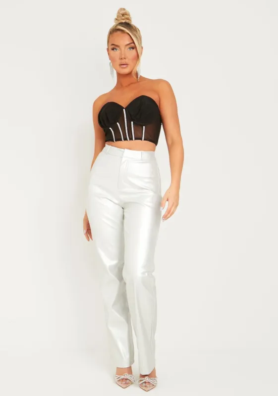 Ava Silver Metallic Leather Look Straight Leg Trousers sold by Missy Empire