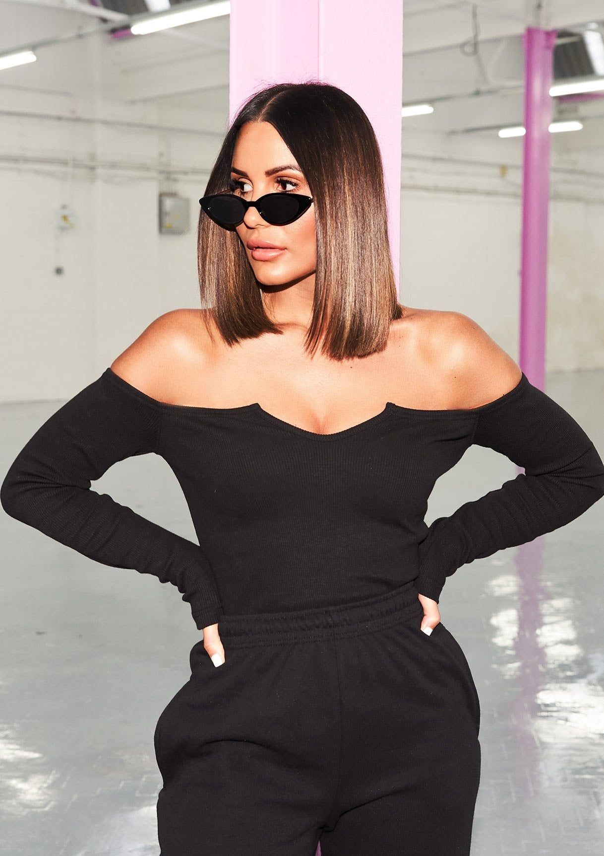 Hugh Black V-Neck Ribbed Long Sleeve Bodysuit sold by Missy Empire