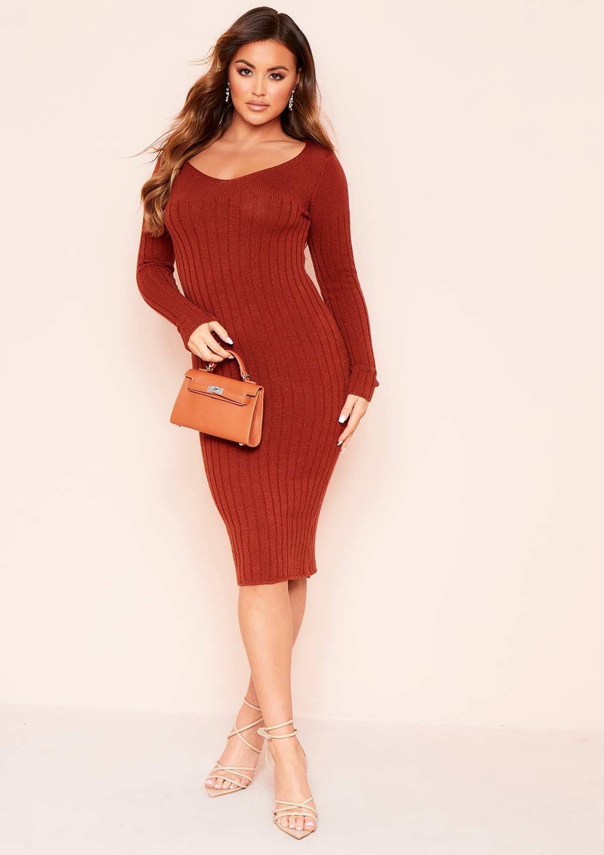 Makayla Rust Rib Knitted Midi Dress sold by Missy Empire product image thumbnail 3