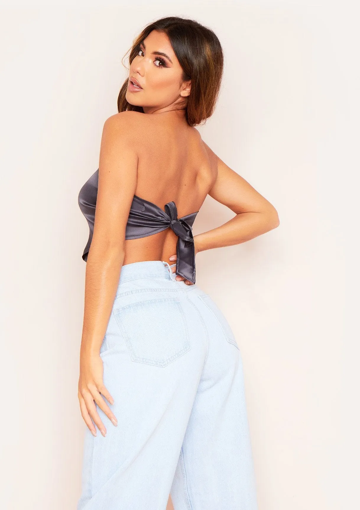 Layla Charcoal Satin Tie Back Crop Top sold by Missy Empire product image thumbnail 3