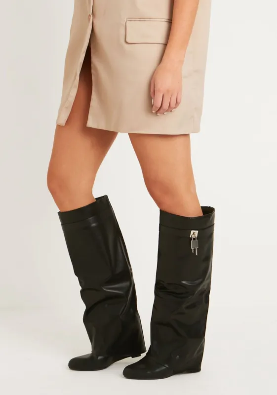 Kris Black Buckle Detail Knee High Boots sold by Missy Empire