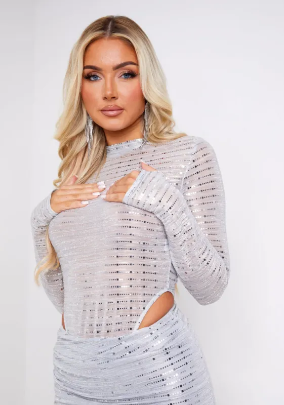 Celeste Silver Sheer Sequin Detail High Neck Bodysuit With Thumb Hole sold by Missy Empire