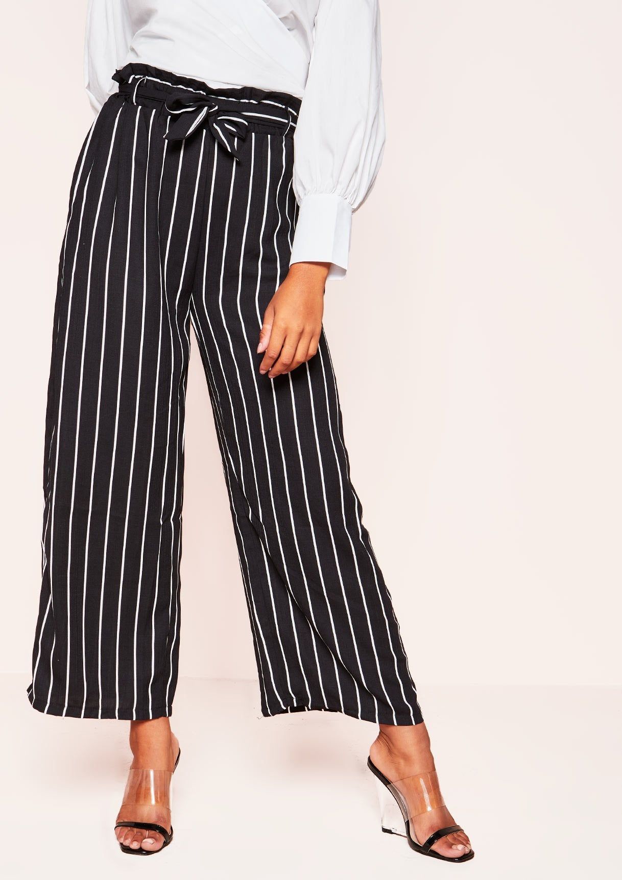 Briella Black Pinstripe Paperbag Wide Leg Trousers sold by Missy Empire product image thumbnail 2