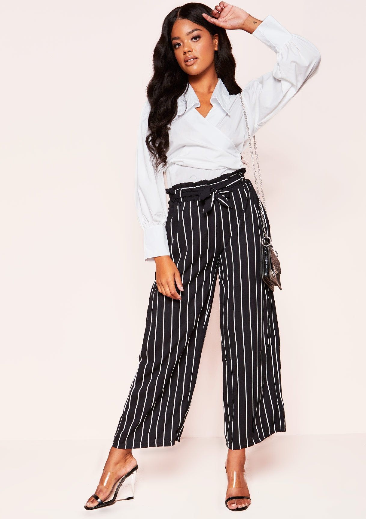 Briella Black Pinstripe Paperbag Wide Leg Trousers sold by Missy Empire