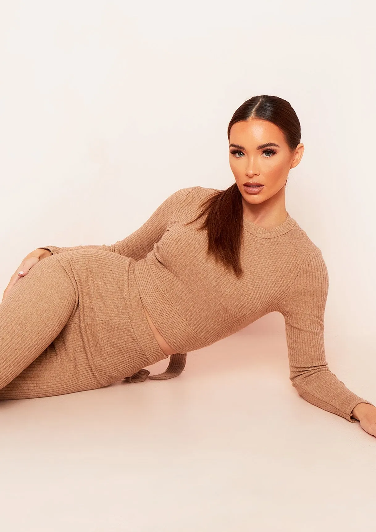 Emma Camel Brushed Rib Wrap Back Tie Waist Crop Top sold by Missy Empire product image thumbnail 4