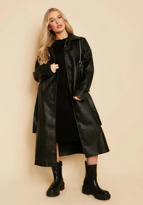 Bella Black PU Trench Coat sold by Missy Empire