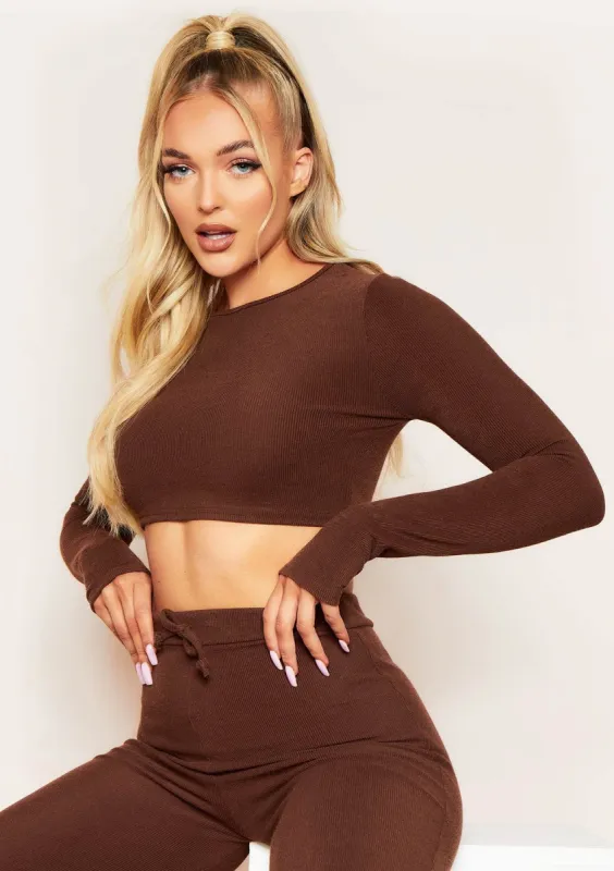 Nayla Chocolate Ribbed Crew Neck Long Sleeve Crop Top sold by Missy Empire