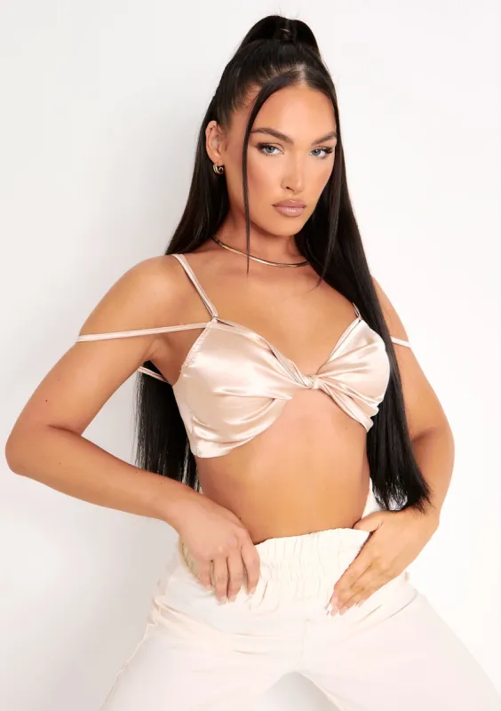 Alessia Taupe Strap Detail Twist Front Satin Bralet Crop Top sold by Missy Empire