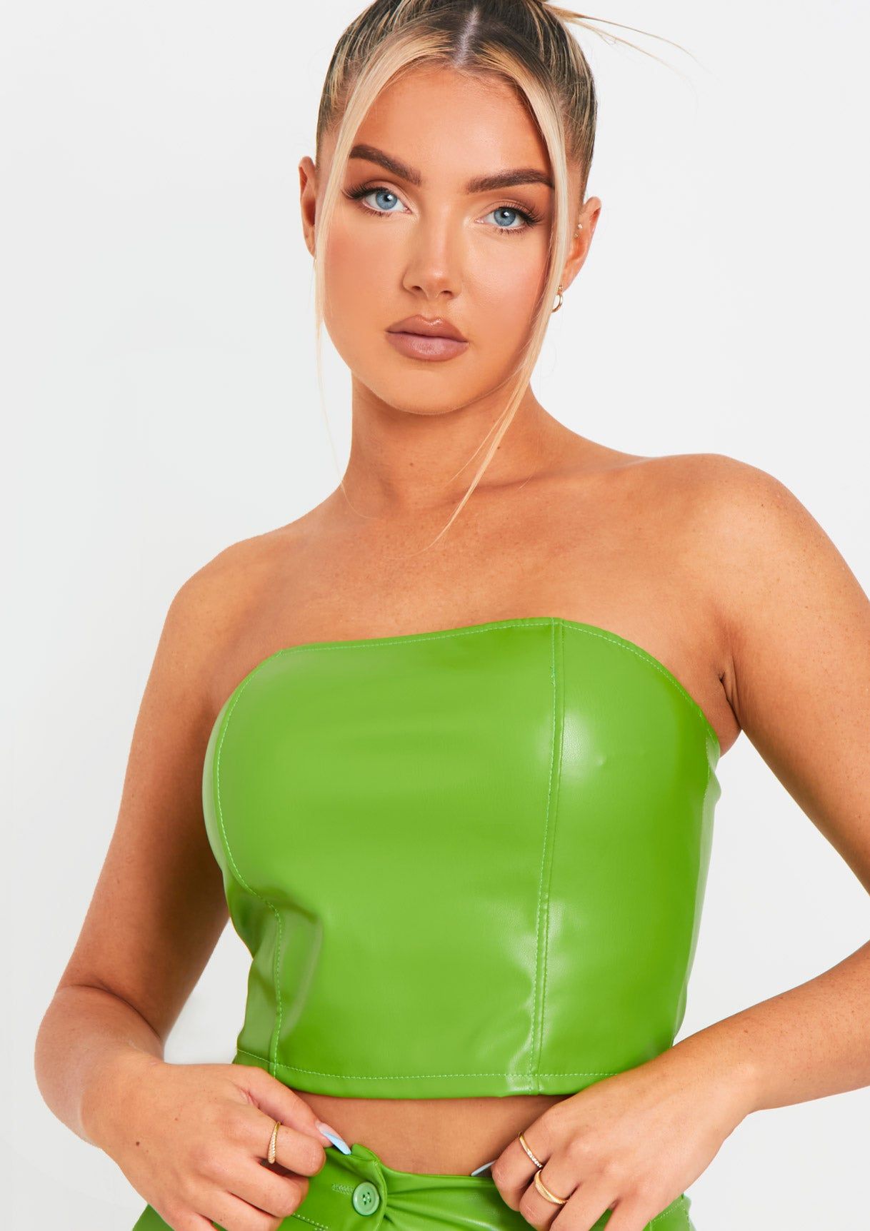 Abby Lime Green Faux Leather Cropped Corset sold by Missy Empire