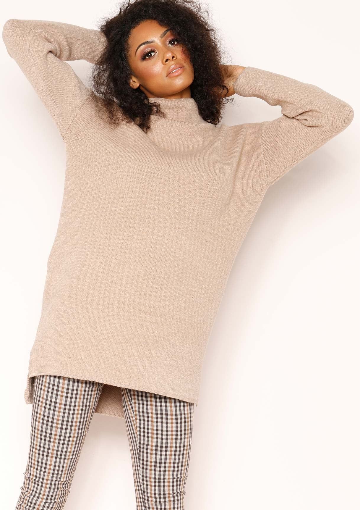 Talia Beige Knit High Neck Jumper sold by Missy Empire