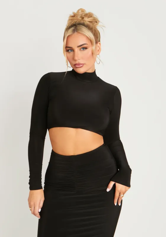 Sierra Black High Neck Long Sleeve Crop Top sold by Missy Empire