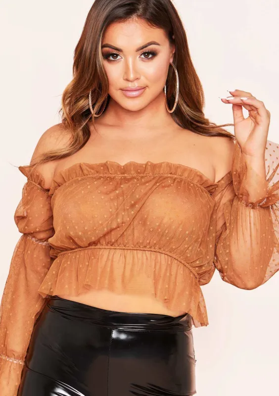 Jessica Brown Polkadot Mesh Bardot Crop Top sold by Missy Empire