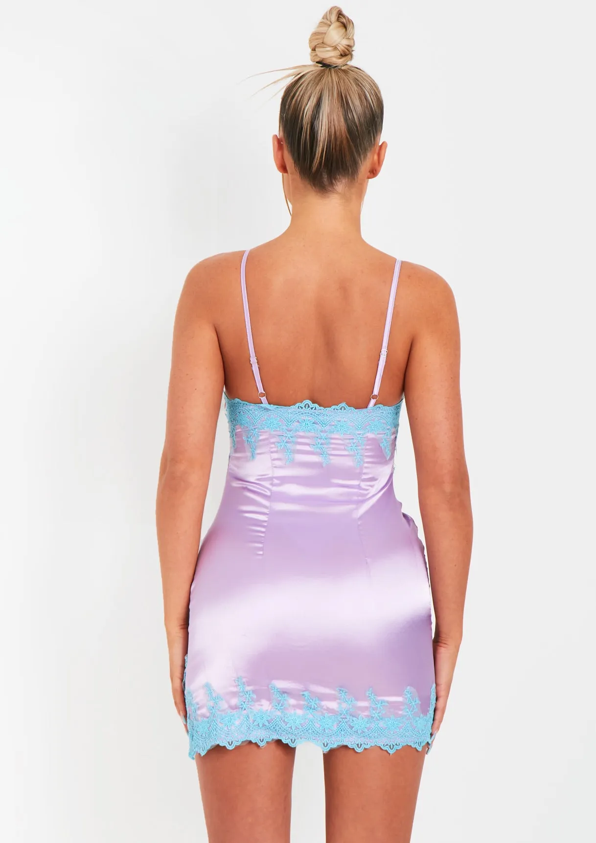 Dionne Lilac Lace Detail Satin Dress With Slit sold by Missy Empire product image thumbnail 3