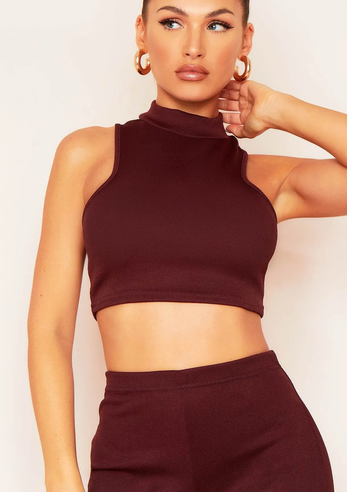Molli Chocolate Thick Bandage Rib Extreme Racer Crop Top sold by Missy Empire product image thumbnail 2