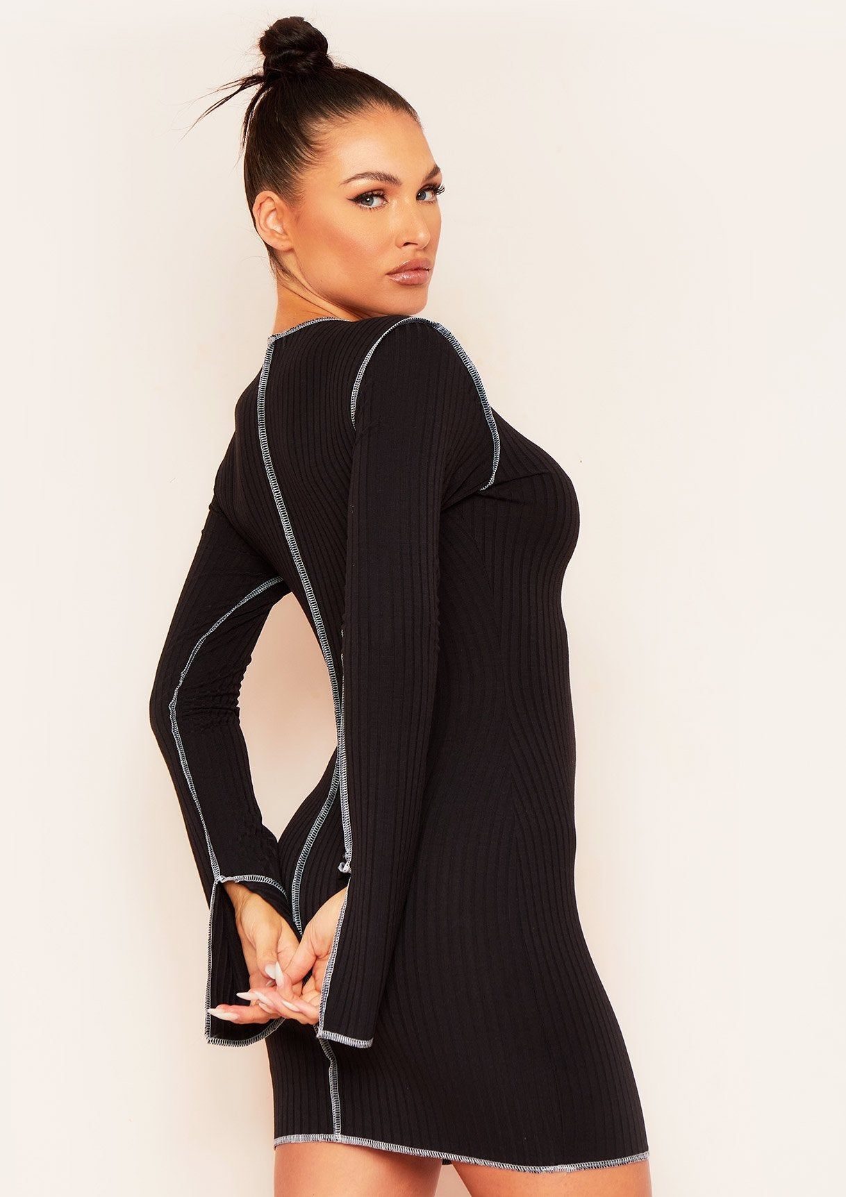 Kylie Black Contrast Stitch Mini Dress sold by Missy Empire product image thumbnail 4