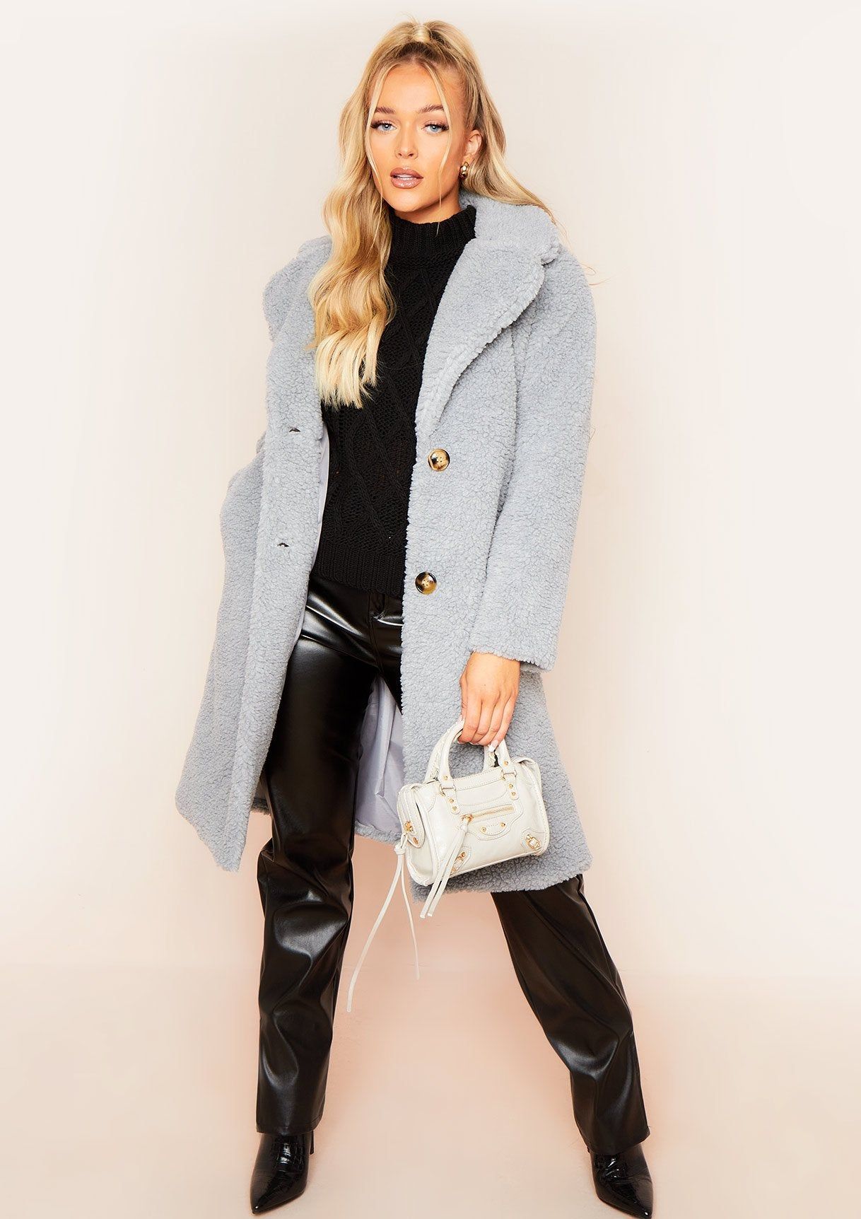 Bella Grey Longline Borg Fur Coat sold by Missy Empire product image thumbnail 2