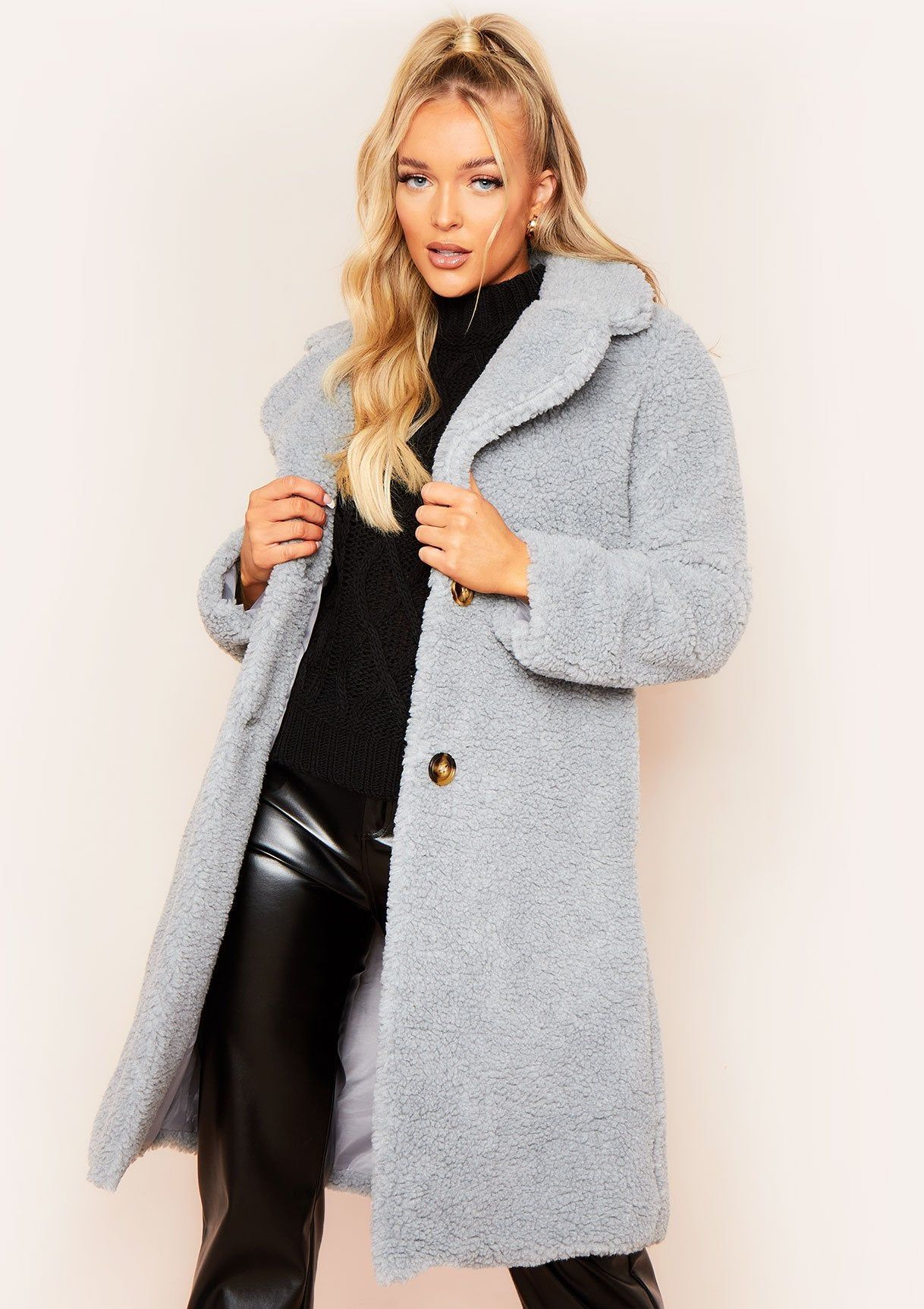 Bella Grey Longline Borg Fur Coat sold by Missy Empire