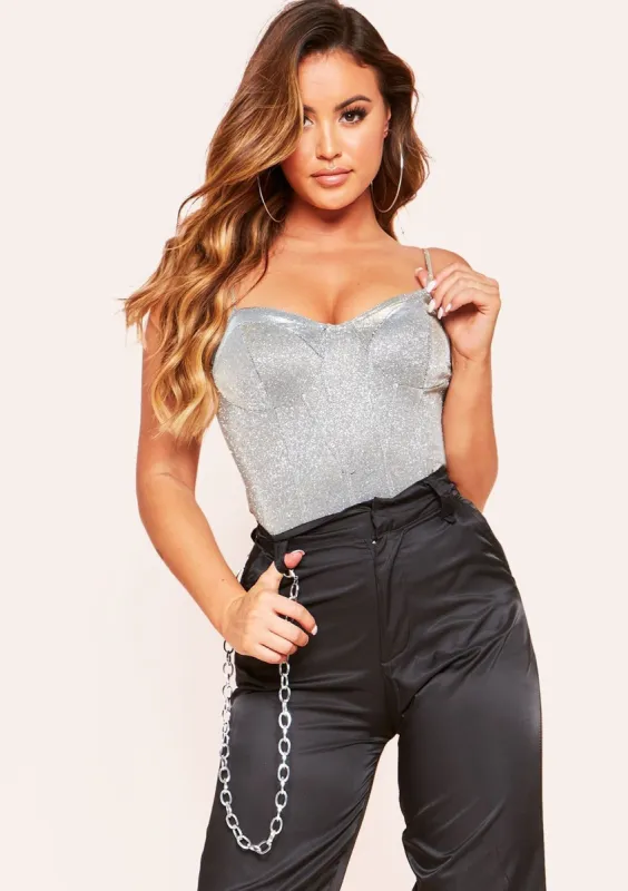 Jackie Silver Glitter Cupped Strappy Bodysuit made by Missy Empire