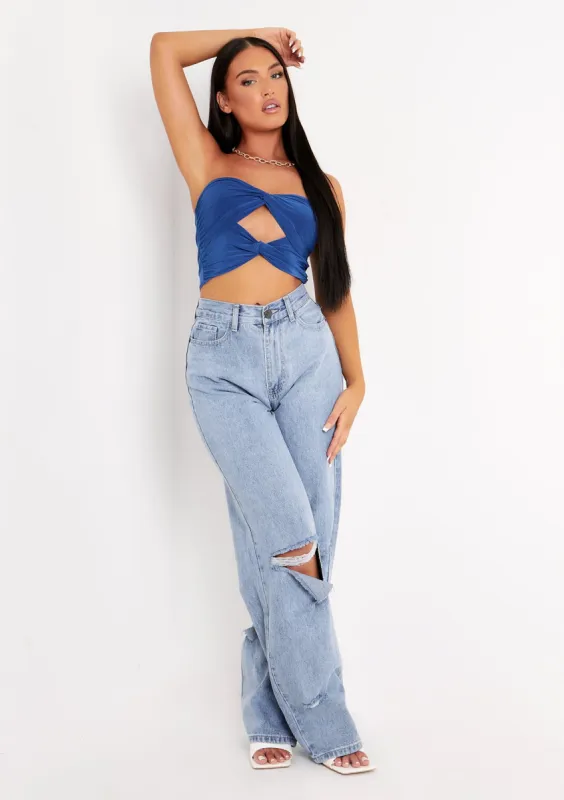 Lucy Blue Twist Front Cut Out Slinky Bandeau Top sold by Missy Empire