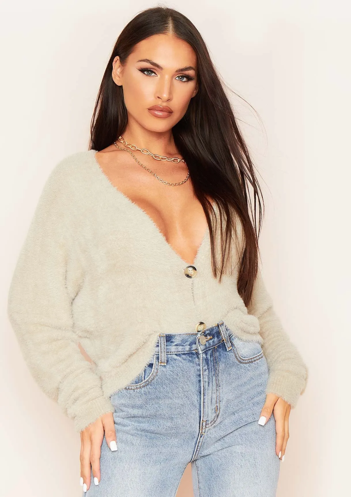 Anna Sage Fluffy Thick Knit Oversized Cropped Cardigan sold by Missy Empire product image thumbnail 2
