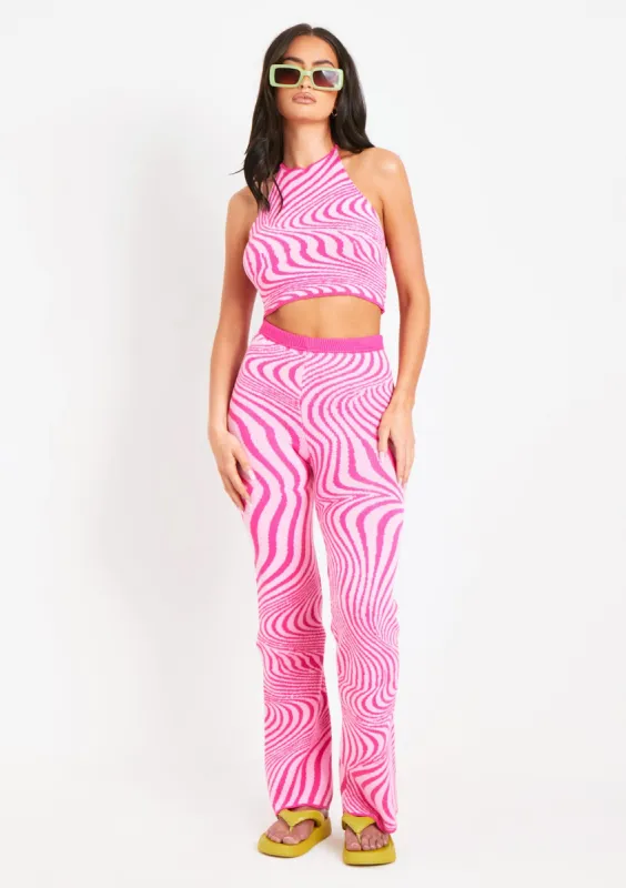Clarice Pink Jacquard Knit Flared Trousers sold by Missy Empire