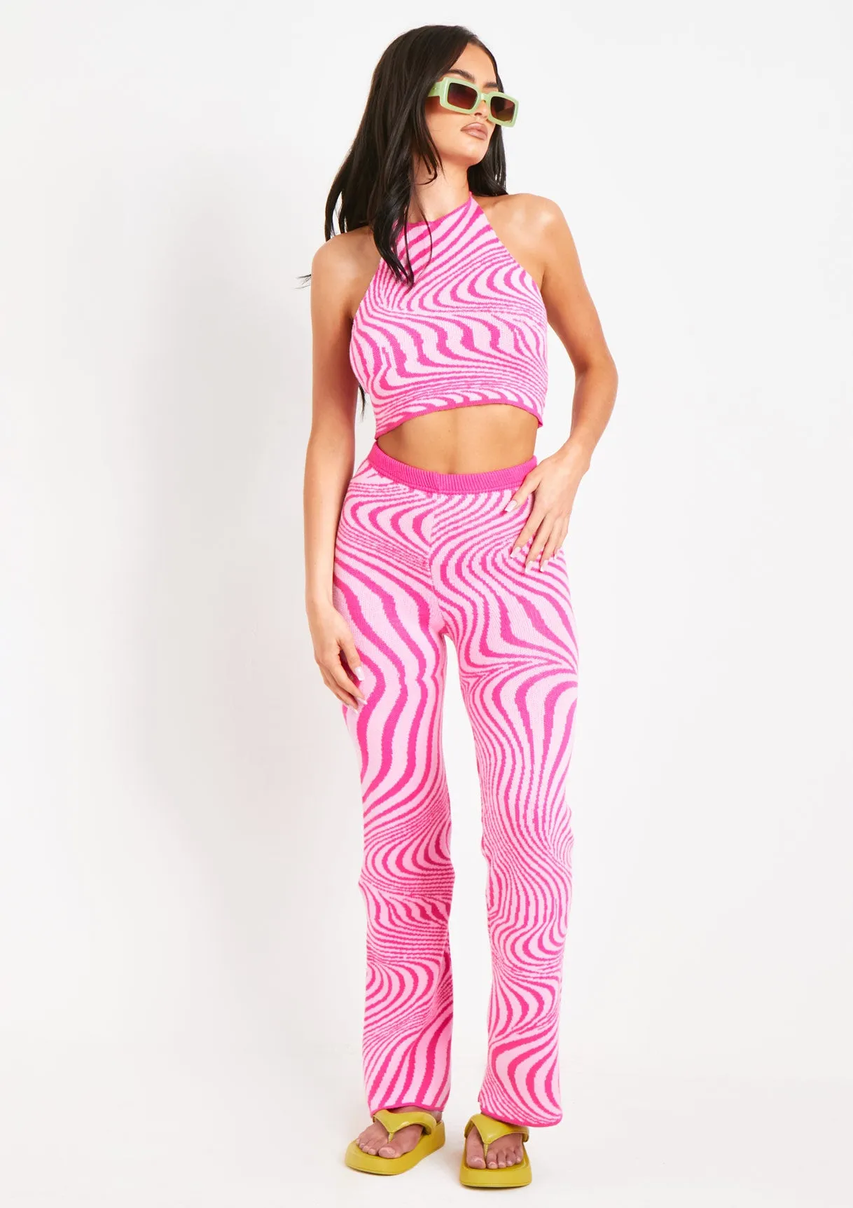 Clarice Pink Jacquard Knit Flared Trousers sold by Missy Empire product image thumbnail 4