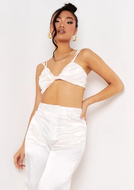 Alessia Ivory Strap Detail Twist Front Satin Bralet Crop Top sold by Missy Empire