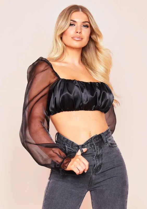 Syrah Black Satin Mesh Puff Sleeve Crop Top sold by Missy Empire