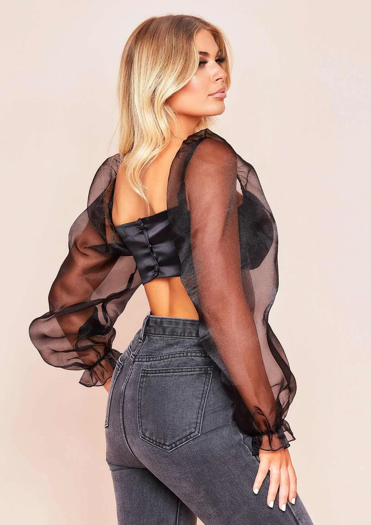 Syrah Black Satin Mesh Puff Sleeve Crop Top sold by Missy Empire product image thumbnail 2