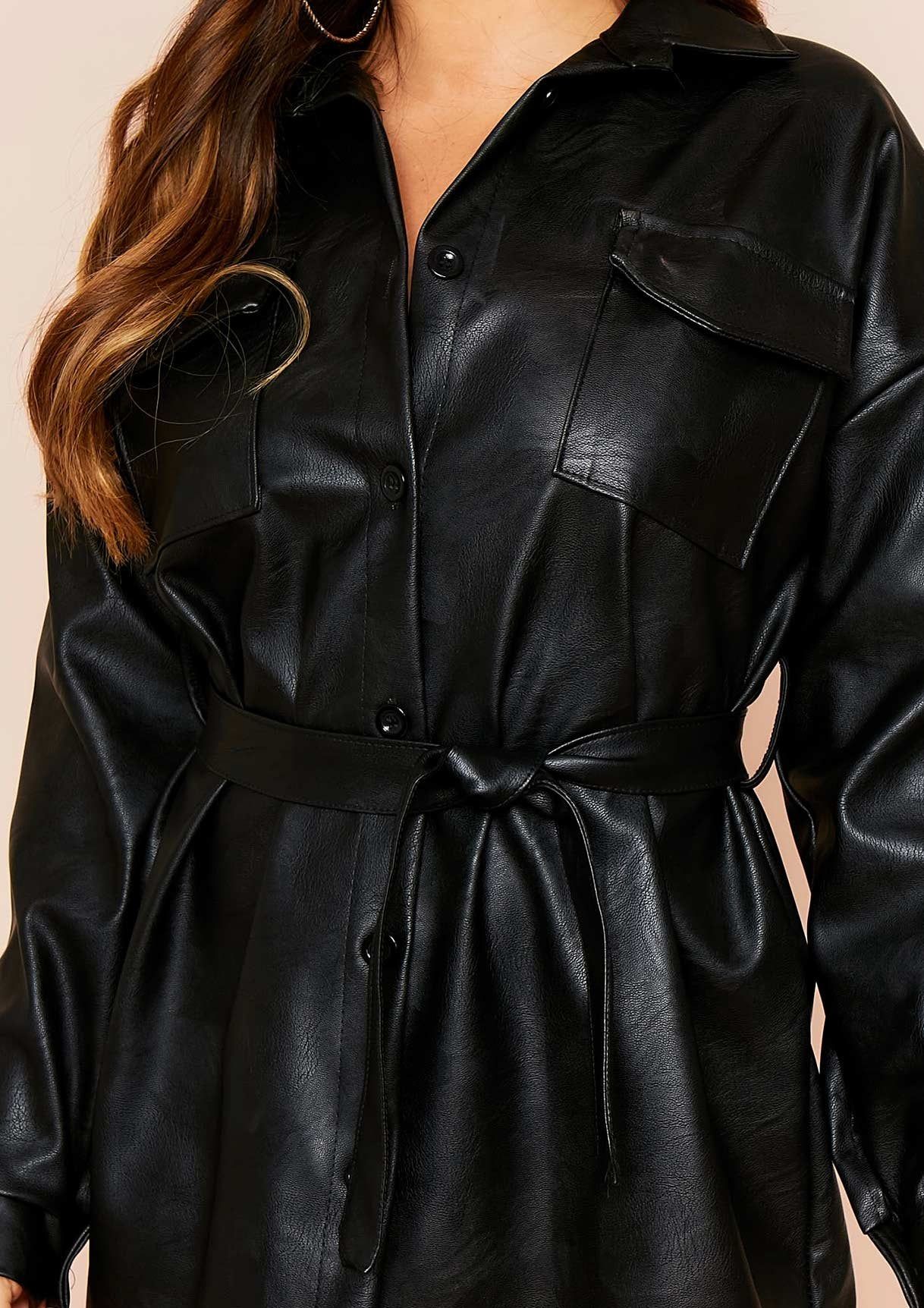 Livia Black Faux Leather Belted Mini Dress sold by Missy Empire product image thumbnail 3