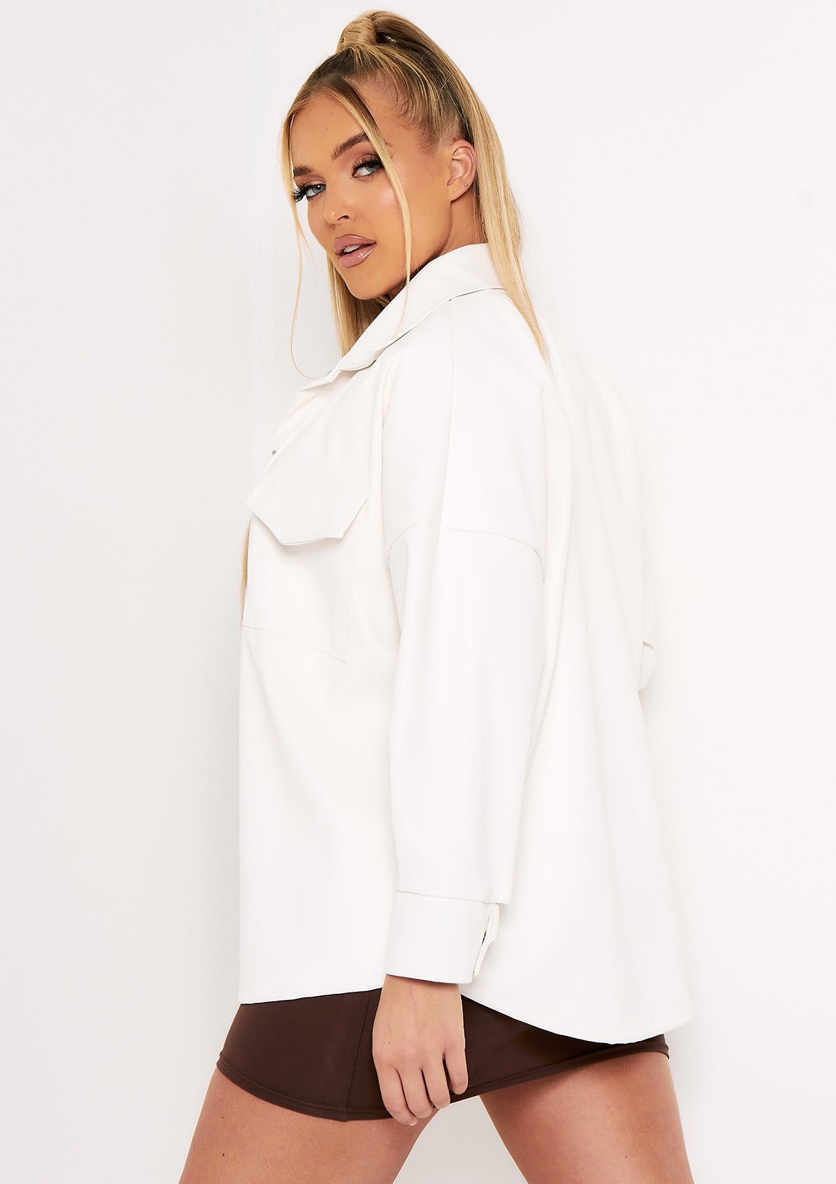 Norah Cream Faux Leather Pocket Front Shacket sold by Missy Empire product image thumbnail 3