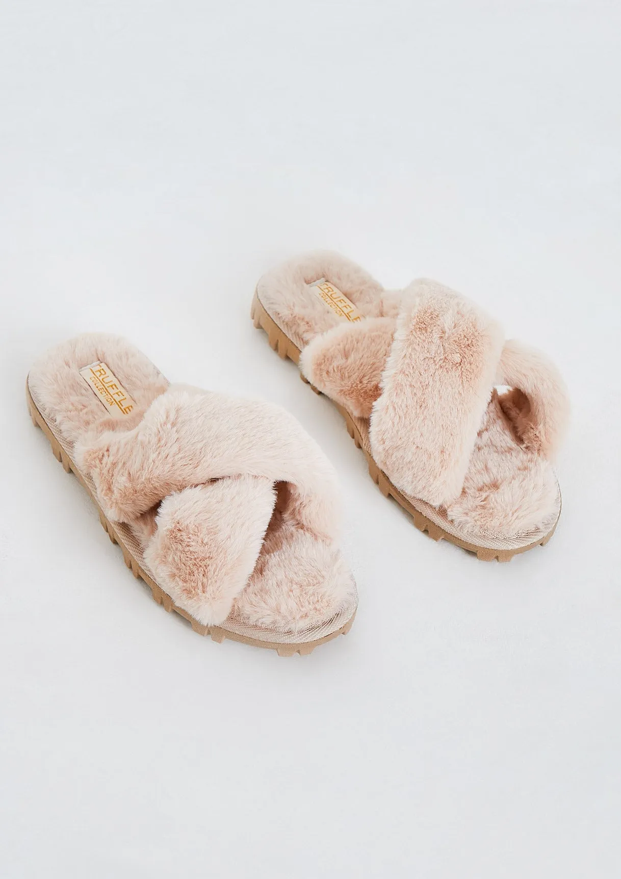 Cora Beige Cross Over Slippers sold by Missy Empire