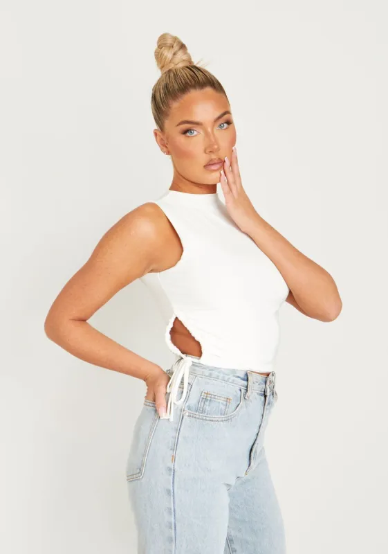 Mindy Cream High Neck Side Ruched Double Layer Crop Top sold by Missy Empire