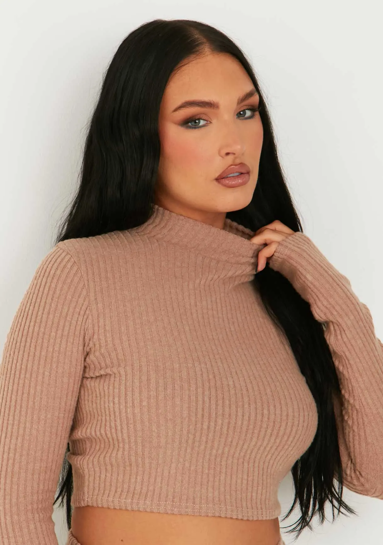 Billie Brown Rib High Neck Crop Top sold by Missy Empire product image thumbnail 2