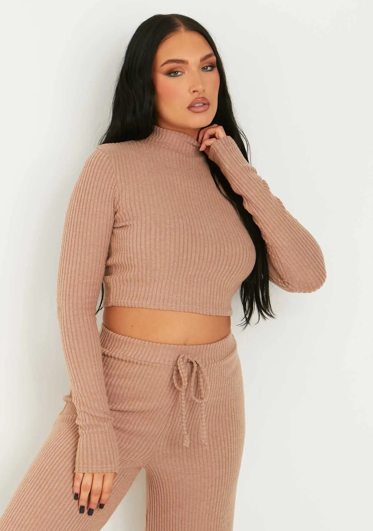Billie Brown Rib High Neck Crop Top sold by Missy Empire