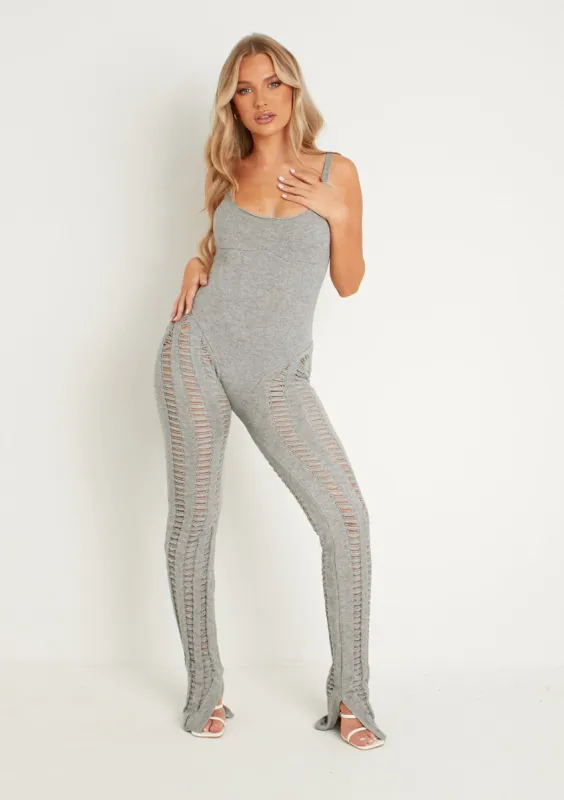 Eva Light Grey Laddered Knitted Seam Jumpsuit sold by Missy Empire