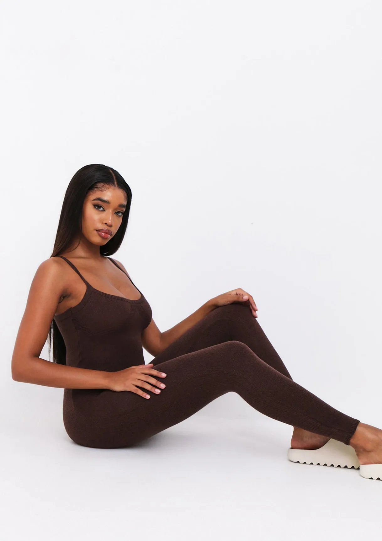 Serena Chocolate Knitted Strappy Jumpsuit sold by Missy Empire product image thumbnail 4