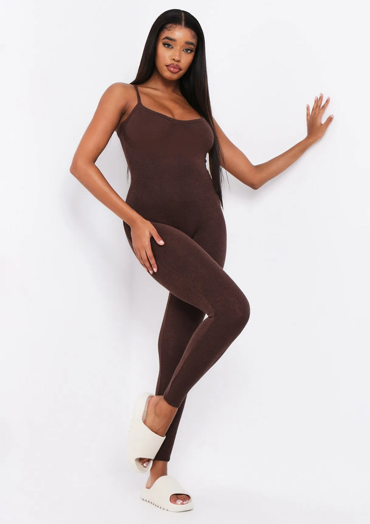 Serena Chocolate Knitted Strappy Jumpsuit sold by Missy Empire