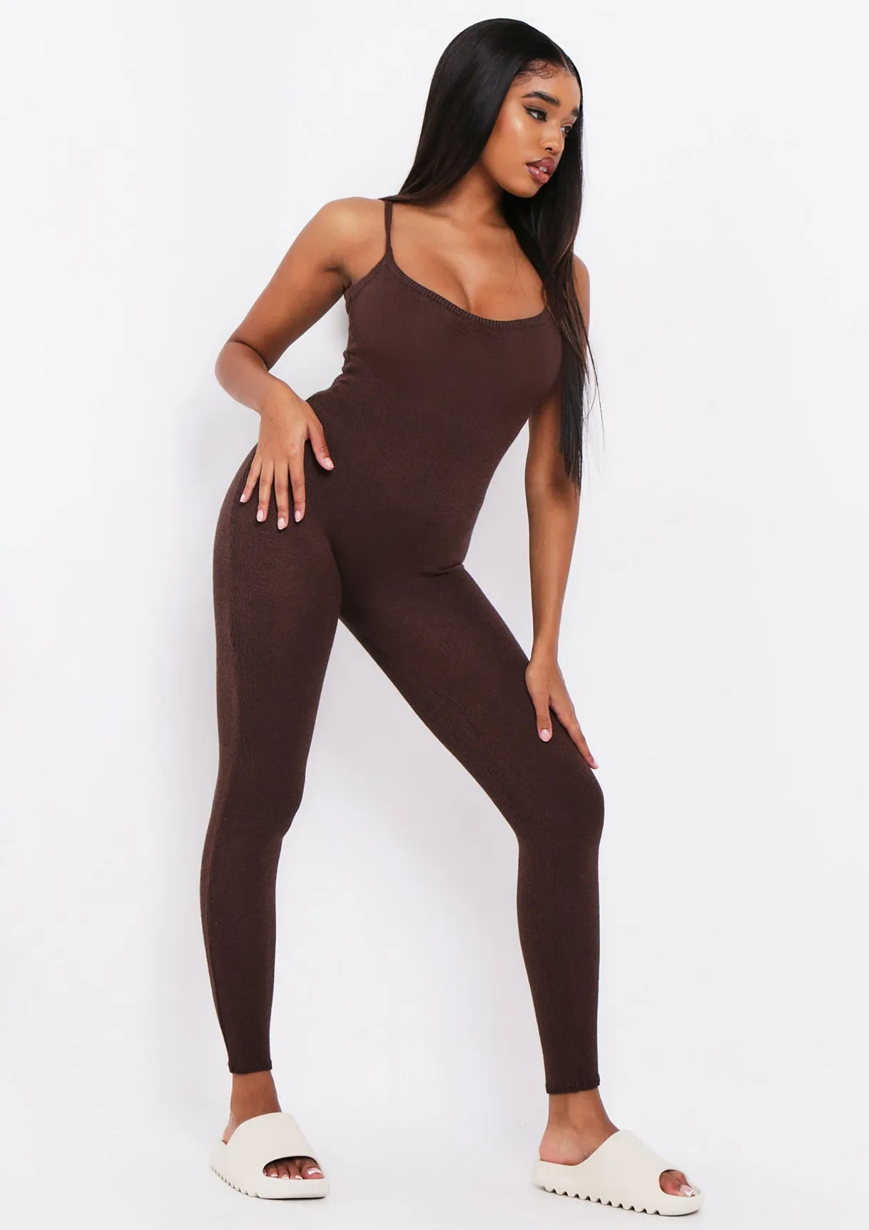 Serena Chocolate Knitted Strappy Jumpsuit sold by Missy Empire product image thumbnail 5