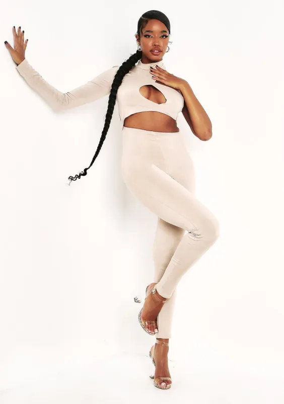 Amber Beige Double Layer Cut Out One Sleeve Jumpsuit sold by Missy Empire