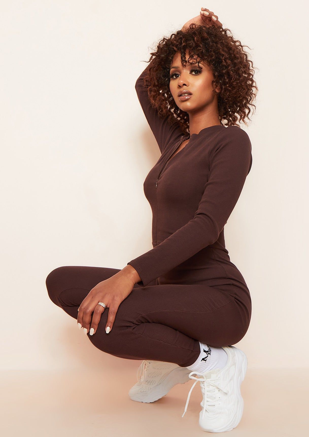 Elissa Chocolate Long Sleeve Plunge Zip Up Jumpsuit sold by Missy Empire
