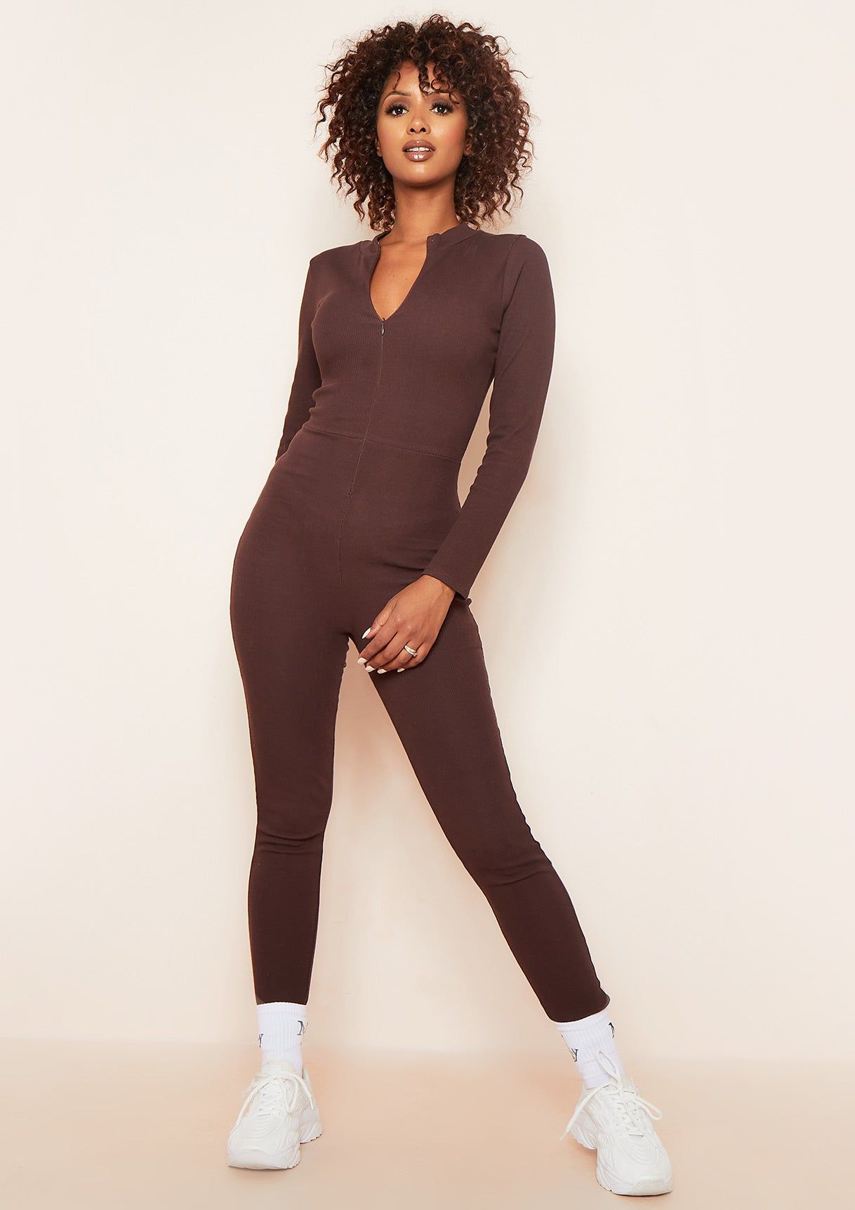 Elissa Chocolate Long Sleeve Plunge Zip Up Jumpsuit sold by Missy Empire product image thumbnail 2