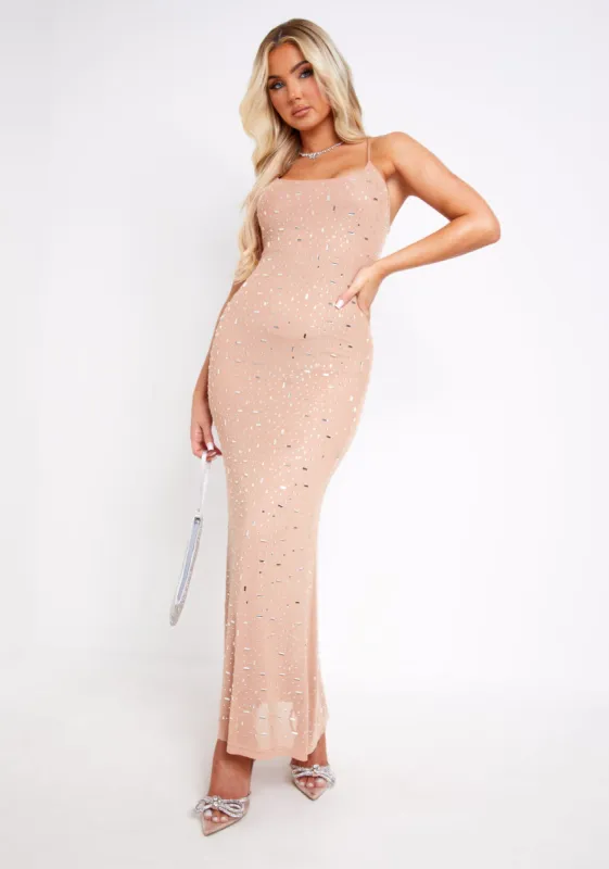 Louisa Nude Rhinestone Embellished Mesh Maxi Dress sold by Missy Empire