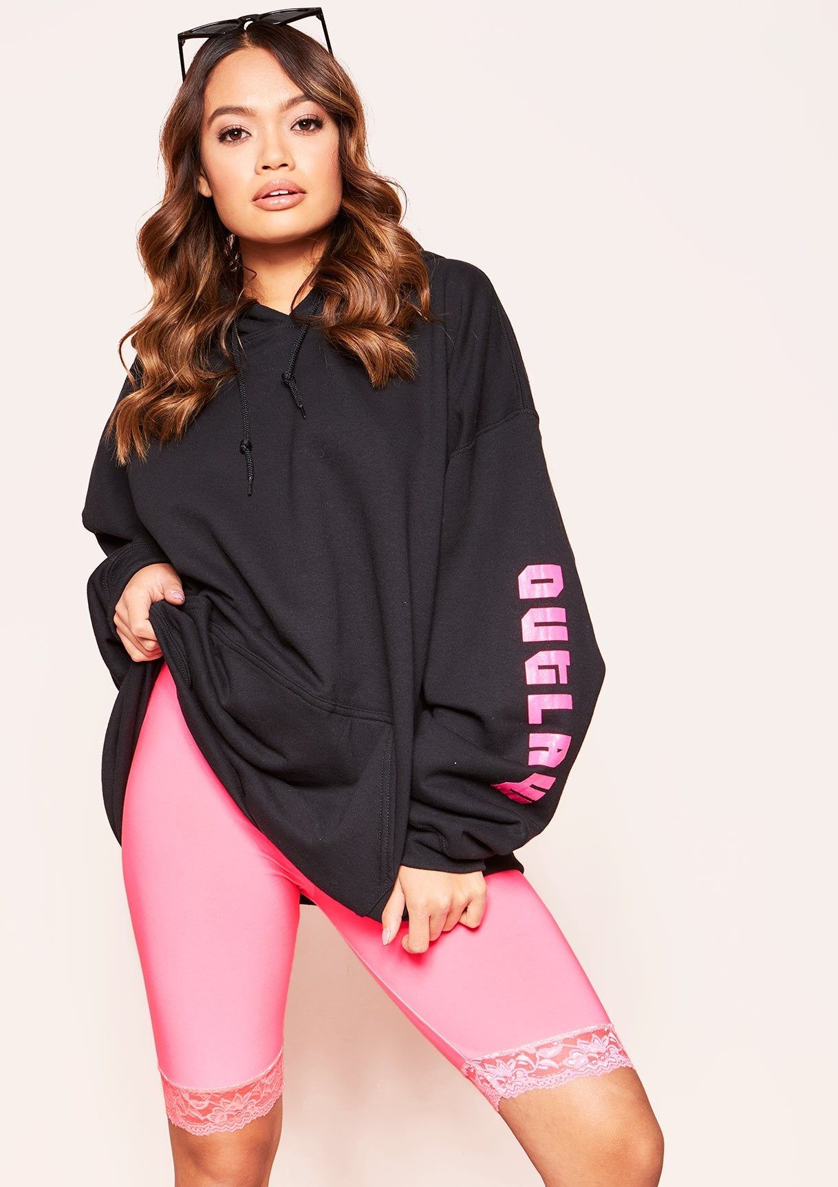 Amira Neon Pink Lace Trim Cycle Shorts sold by Missy Empire product image thumbnail 2