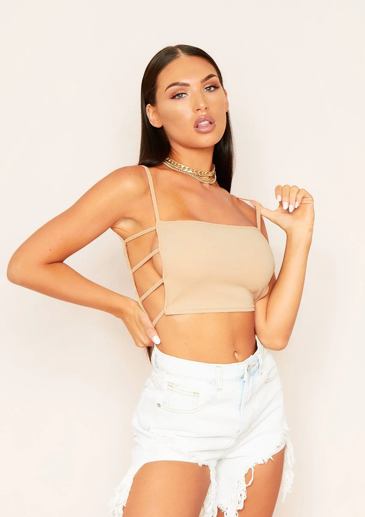 Kate Nude Strappy Cut Out Sides Crop Top sold by Missy Empire