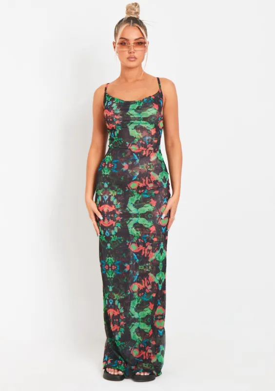 Marty Black Abstract Printed Mesh Cowl Neck Maxi Dress made by Missy Empire